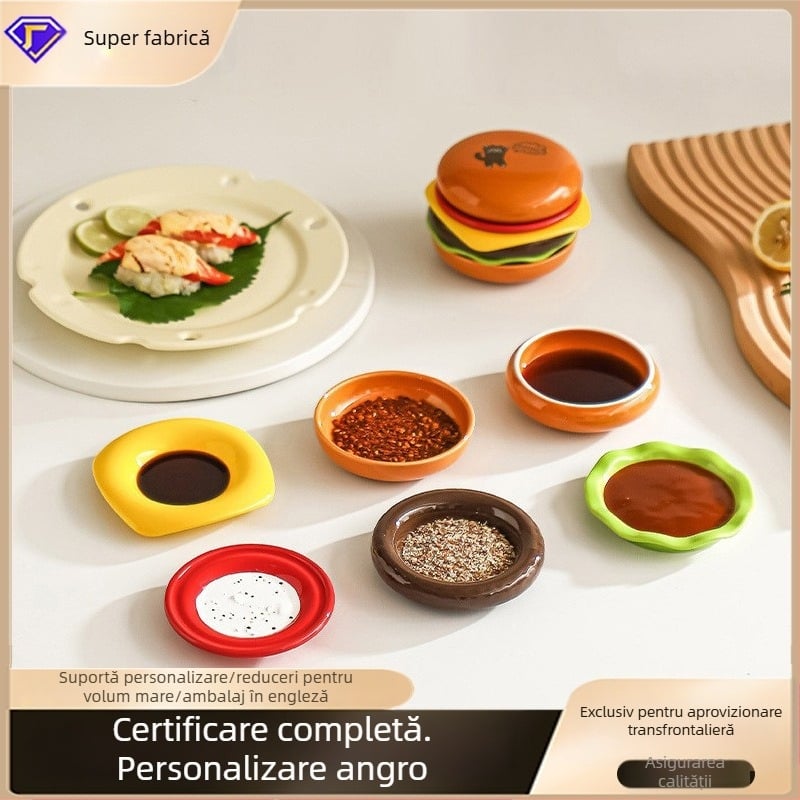 Set ceramic pentru sosuri și farfurii cu fructe, temă hamburger, culori sub glazură, pentru uz casnic