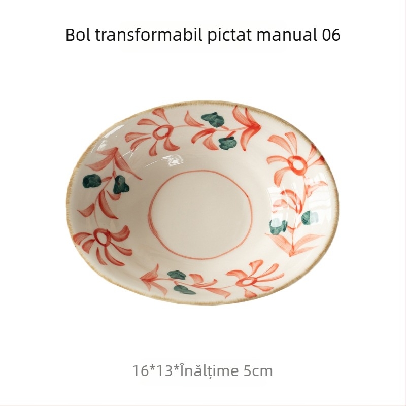 Vas oval ceramic pictat manual în stil japonez, 6 inch, pentru ceai și gustări, uz casnic, sub glazură colorată