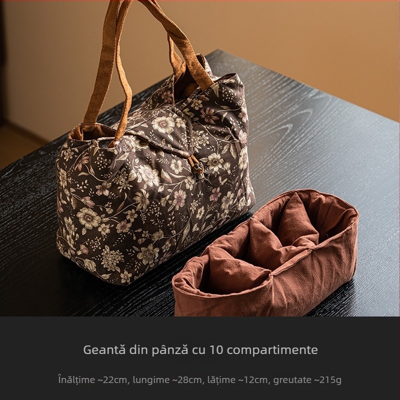 Geantă de depozitare pentru setul de ceai de călătorie, cu model floral dublu, kit portabil retro pentru ceremonia ceaiului, pentru ceainic, ceașcă și pliculețe de ceai