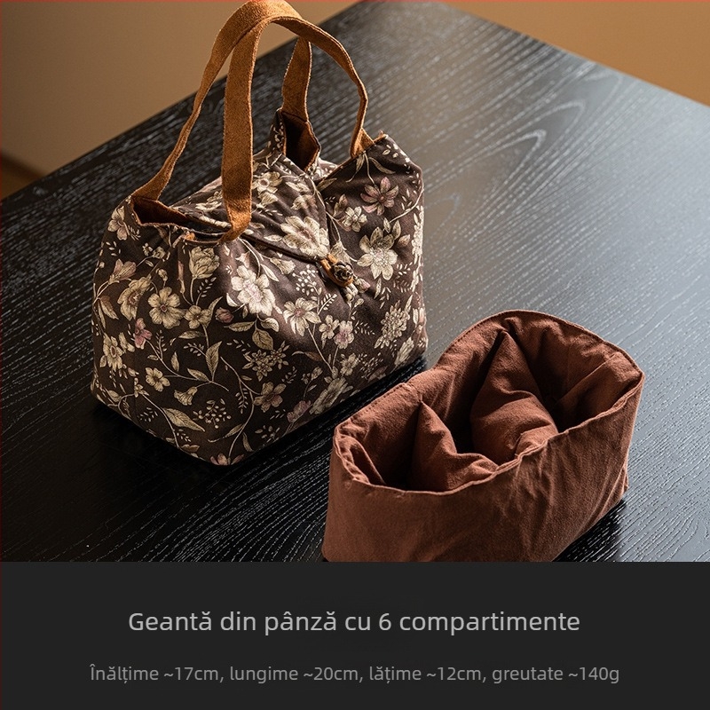 Geantă de depozitare pentru setul de ceai de călătorie, cu model floral dublu, kit portabil retro pentru ceremonia ceaiului, pentru ceainic, ceașcă și pliculețe de ceai