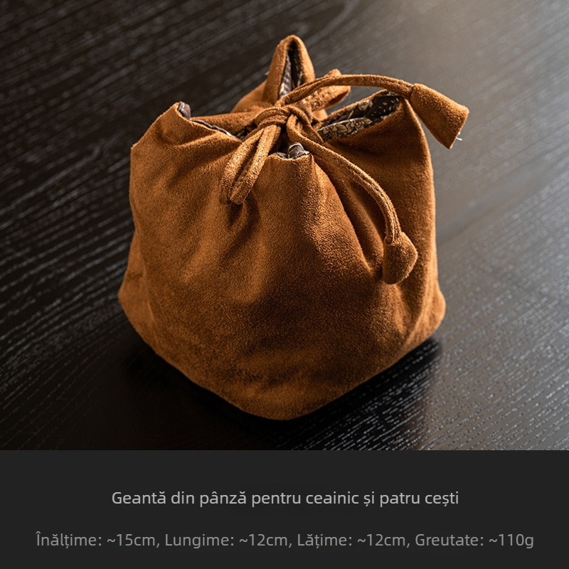 Geantă de depozitare pentru setul de ceai de călătorie, cu model floral dublu, kit portabil retro pentru ceremonia ceaiului, pentru ceainic, ceașcă și pliculețe de ceai