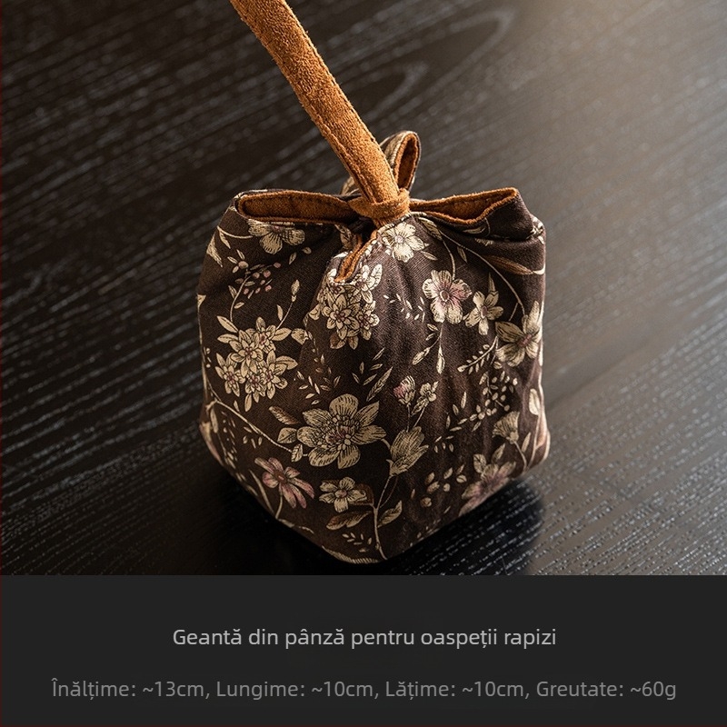 Geantă de depozitare pentru setul de ceai de călătorie, cu model floral dublu, kit portabil retro pentru ceremonia ceaiului, pentru ceainic, ceașcă și pliculețe de ceai
