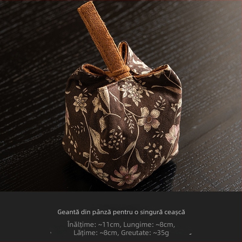 Geantă de depozitare pentru setul de ceai de călătorie, cu model floral dublu, kit portabil retro pentru ceremonia ceaiului, pentru ceainic, ceașcă și pliculețe de ceai