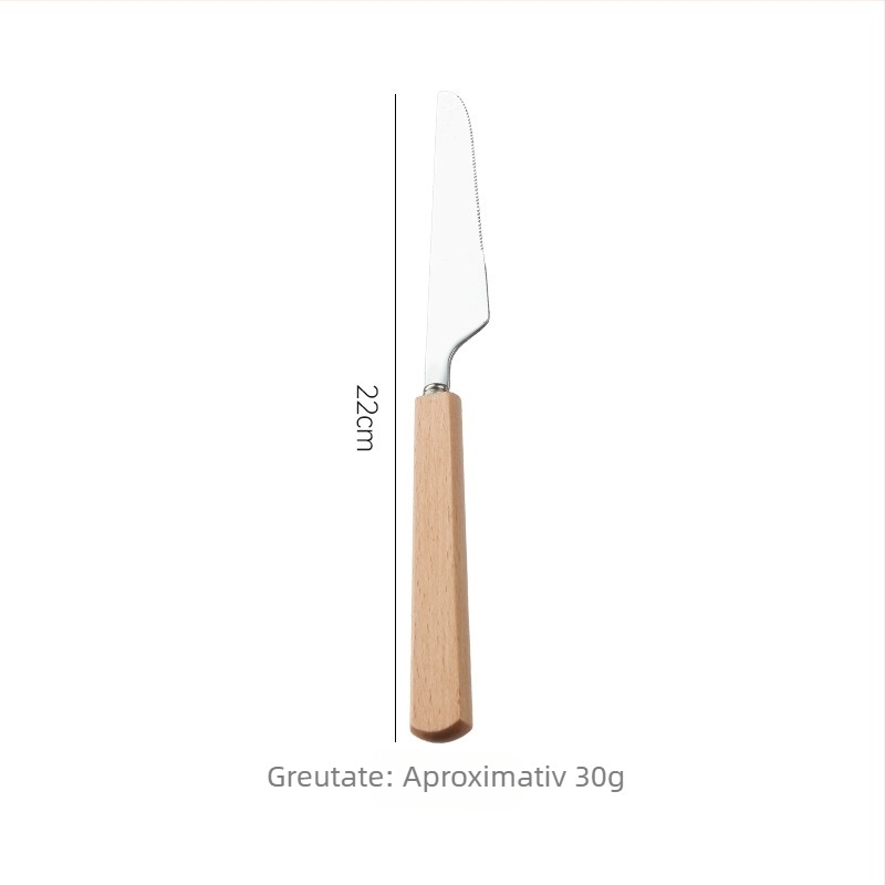 Set tacâmuri cu mâner din lemn de fag, oțel inoxidabil 304, cuțit și furculiță, stil occidental, design minimalist.