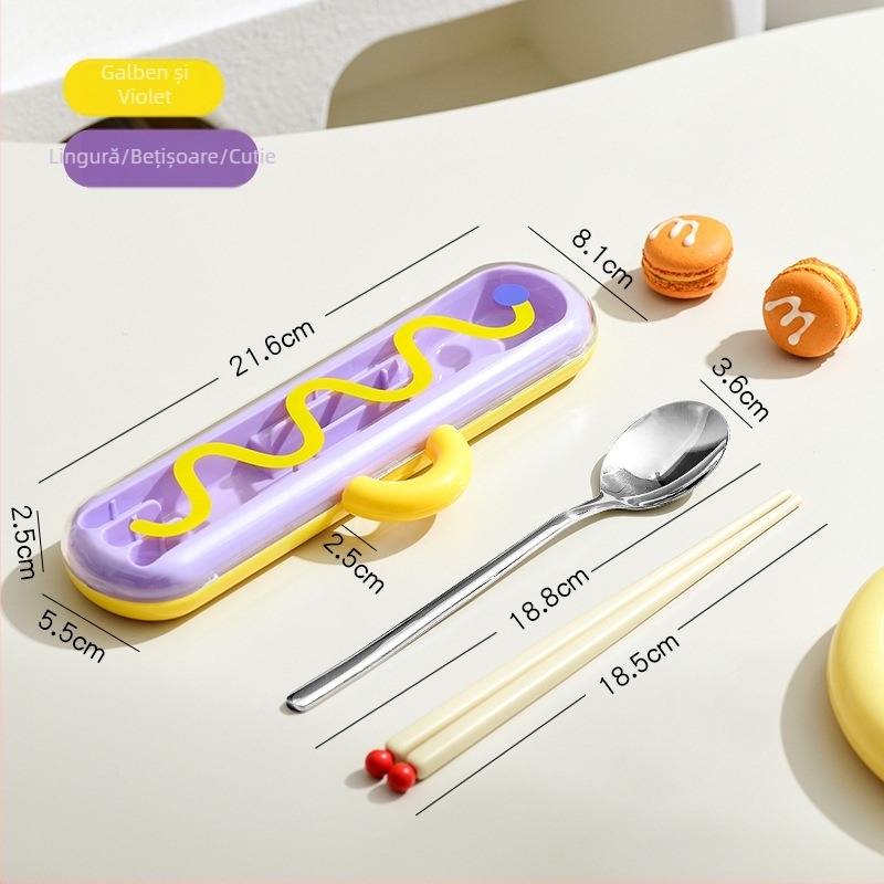 Set portabil de tacâmuri din oțel inoxidabil 304, cu bețișoare, lingură, furculiță și cutie de depozitare – pentru elevi