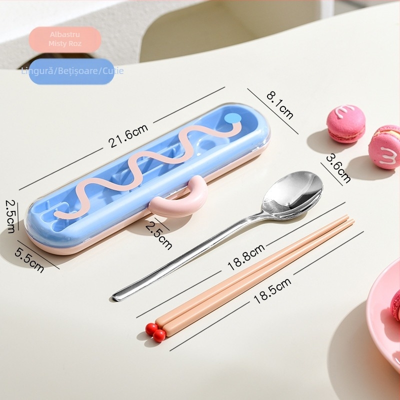 Set portabil de tacâmuri din oțel inoxidabil 304, cu bețișoare, lingură, furculiță și cutie de depozitare – pentru elevi