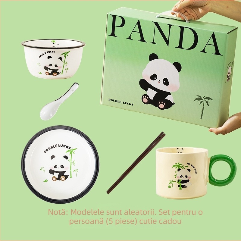 Set de vase Porțelan Panda – stil drăguț, boluri, farfurii și bețișoare pentru uz casnic