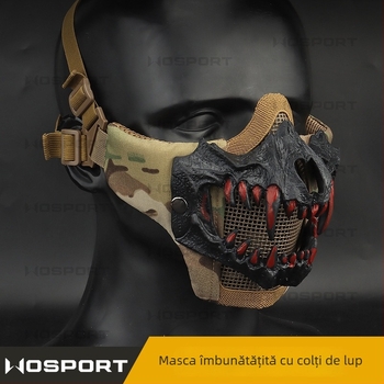 WOSPORT Mască cu dinți de lup — versiune îmbunătățită pentru protecție CS în ciclism, mască tactică cu sârmă dublă din oțel