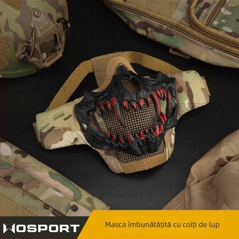 WOSPORT Mască cu dinți de lup — versiune îmbunătățită pentru protecție CS în ciclism, mască tactică cu sârmă dublă din oțel
