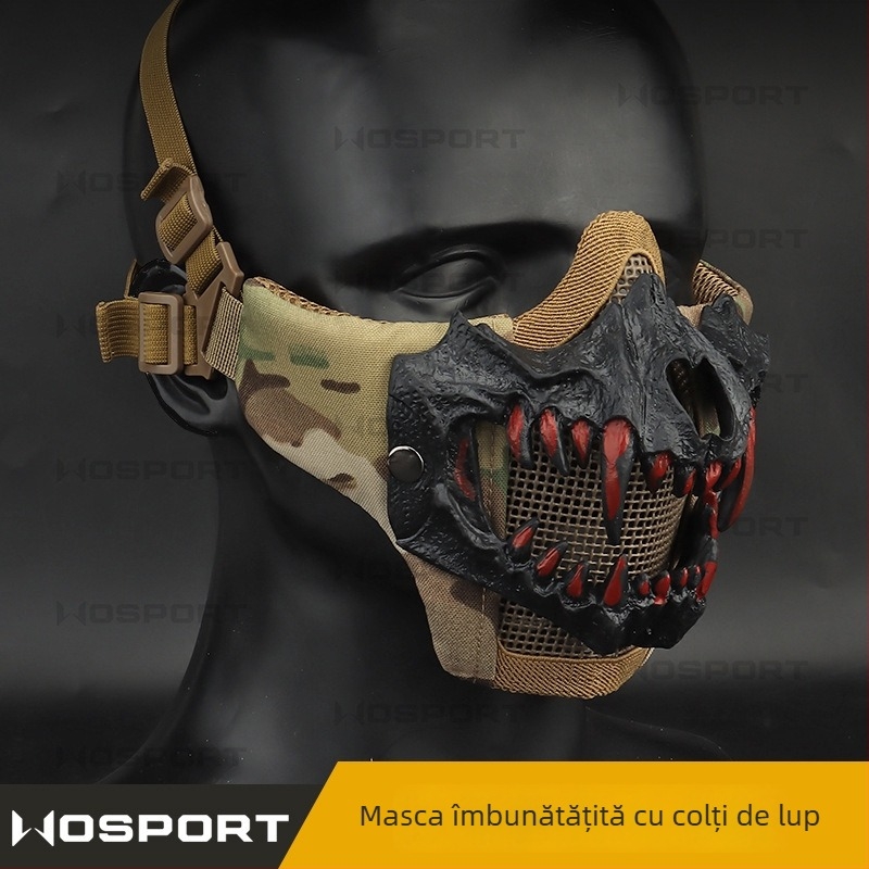 WOSPORT Mască cu dinți de lup — versiune îmbunătățită pentru protecție CS în ciclism, mască tactică cu sârmă dublă din oțel