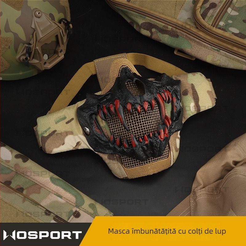 WOSPORT Mască cu dinți de lup — versiune îmbunătățită pentru protecție CS în ciclism, mască tactică cu sârmă dublă din oțel