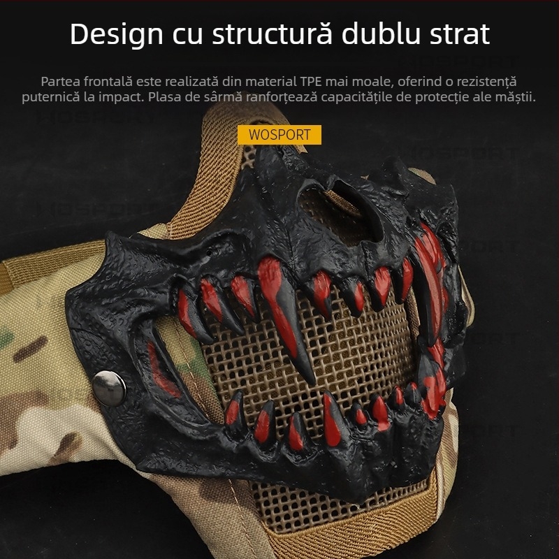 WOSPORT Mască cu dinți de lup — versiune îmbunătățită pentru protecție CS în ciclism, mască tactică cu sârmă dublă din oțel