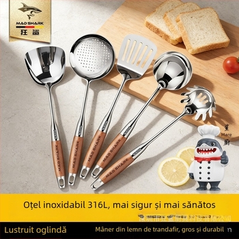 Set spatulă și lingură cu mâner din lemn de trandafir, din oțel inoxidabil, cu lingură cu sita și suport pentru ustensile de bucătărie