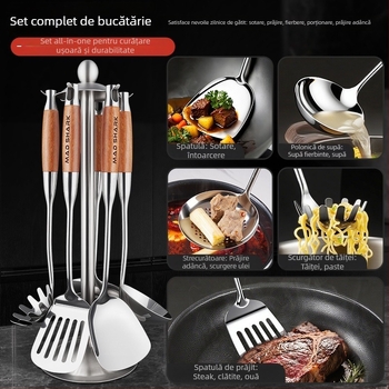 Set spatulă și lingură cu mâner din lemn de trandafir, din oțel inoxidabil, cu lingură cu sita și suport pentru ustensile de bucătărie