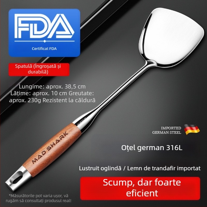 Set spatulă și lingură cu mâner din lemn de trandafir, din oțel inoxidabil, cu lingură cu sita și suport pentru ustensile de bucătărie