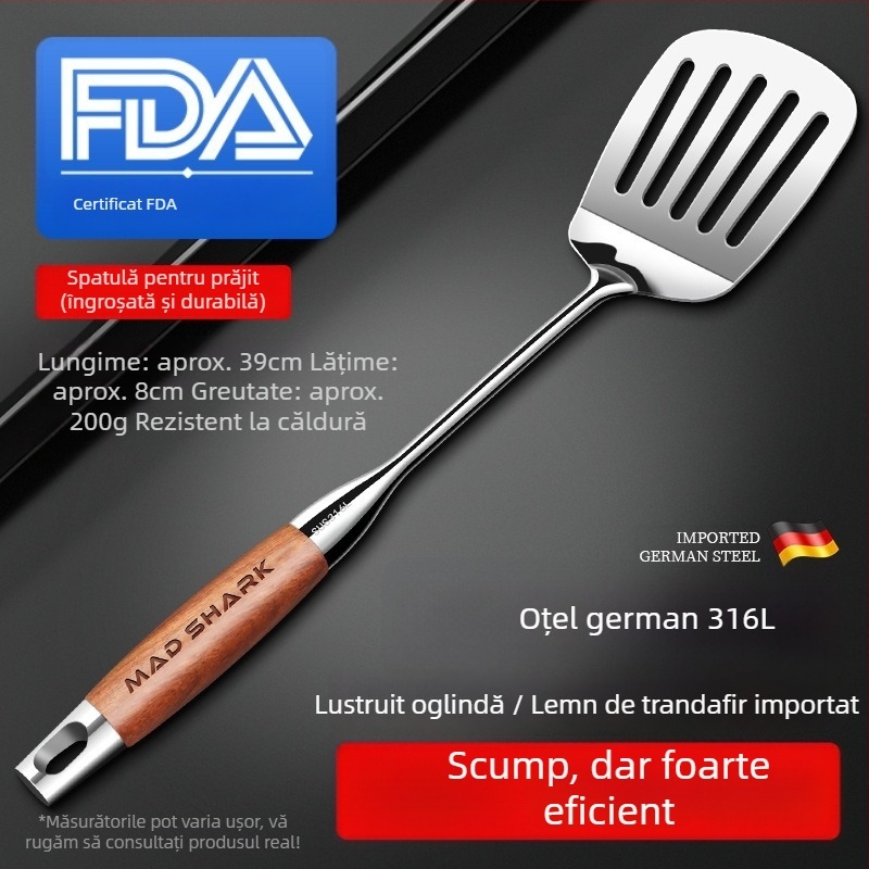Set spatulă și lingură cu mâner din lemn de trandafir, din oțel inoxidabil, cu lingură cu sita și suport pentru ustensile de bucătărie