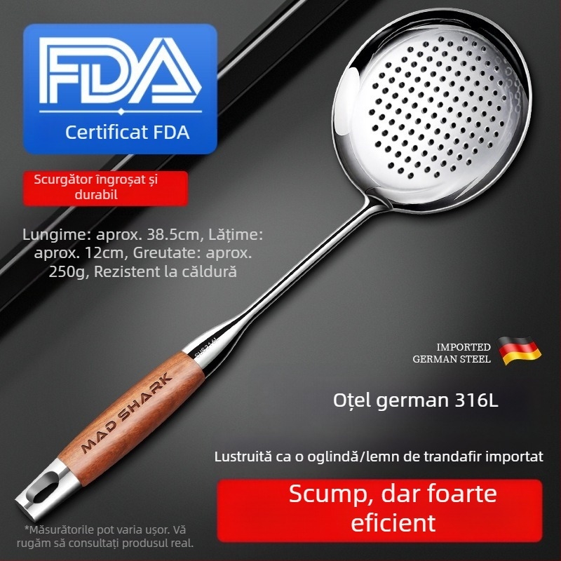 Set spatulă și lingură cu mâner din lemn de trandafir, din oțel inoxidabil, cu lingură cu sita și suport pentru ustensile de bucătărie