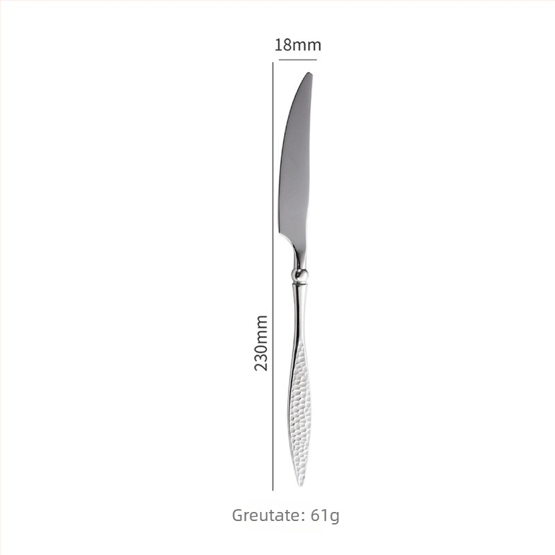 Set de tacâmuri occidentale din oțel inoxidabil 304 cu design de frunză de salcie și finisaj platinat; include cuțit pentru steak, furcă, linguri și desert, furculiță și lingură de desert