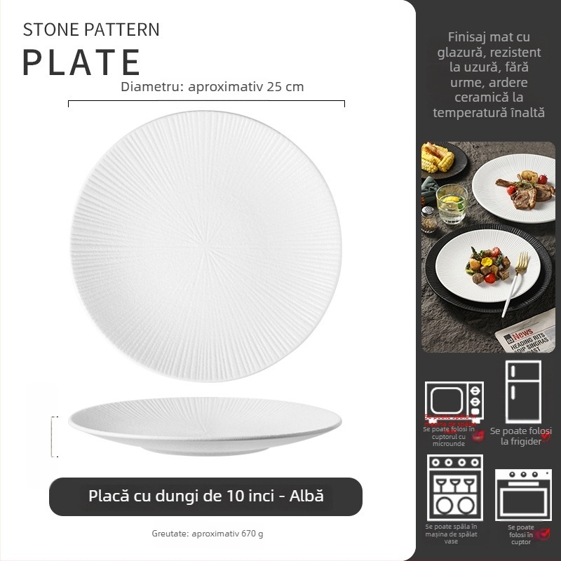 Farfurie de cină din porțelan cu model pietros, farfurie plată rotundă pentru paste, utilizare casnică, design minimalist modern, culoare solidă, compatibil cu microunde, diametrul 18–18,9 cm, farfurie pentru friptură
