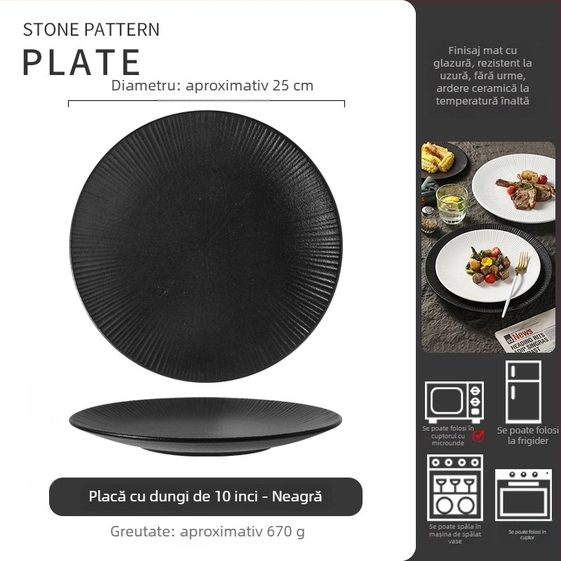 Farfurie de cină din porțelan cu model pietros, farfurie plată rotundă pentru paste, utilizare casnică, design minimalist modern, culoare solidă, compatibil cu microunde, diametrul 18–18,9 cm, farfurie pentru friptură