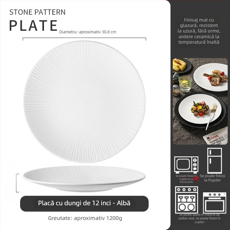 Farfurie de cină din porțelan cu model pietros, farfurie plată rotundă pentru paste, utilizare casnică, design minimalist modern, culoare solidă, compatibil cu microunde, diametrul 18–18,9 cm, farfurie pentru friptură