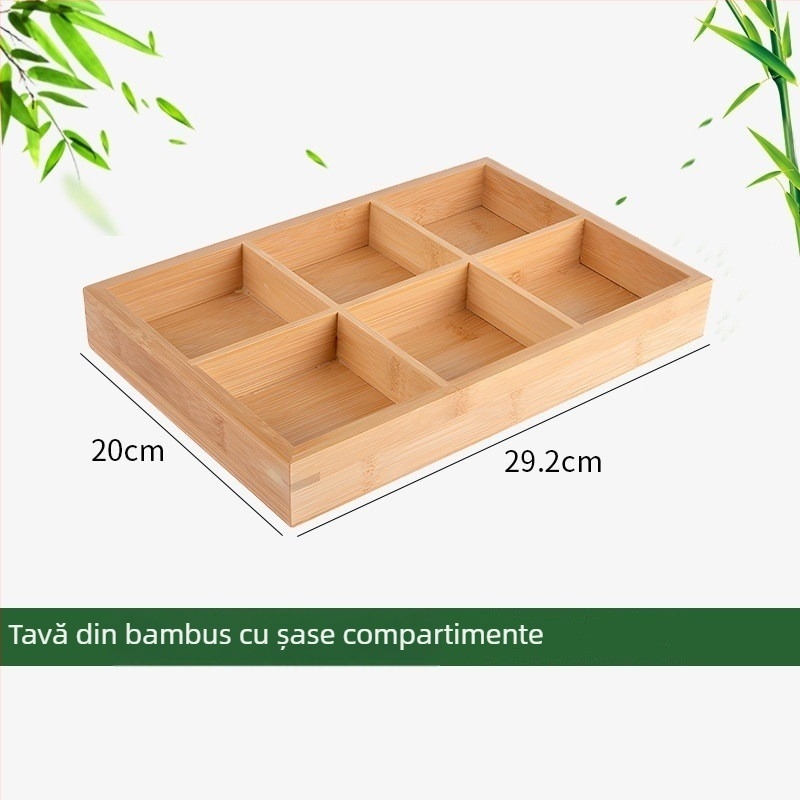 Tavă din lemn pentru fructe și gustări, cu compartimente și mâner din bambus