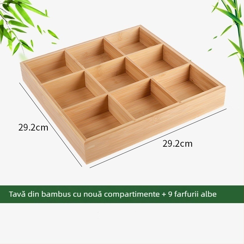 Tavă din lemn pentru fructe și gustări, cu compartimente și mâner din bambus