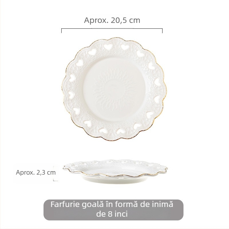 Farfurie din porțelan cu relief și margine aurie, stil european, rotundă, pentru fel principal și desert