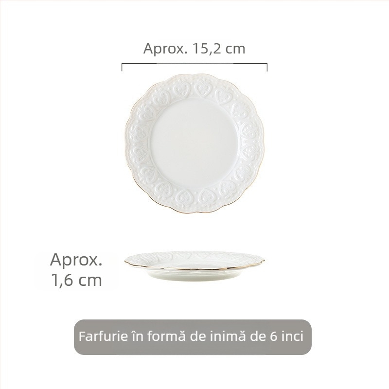 Farfurie din porțelan cu relief și margine aurie, stil european, rotundă, pentru fel principal și desert