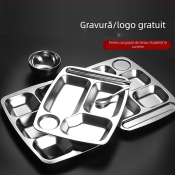 Farfurie pătrată din oțel inoxidabil 304, cu compartimente, pentru adulți, 18–19 cm