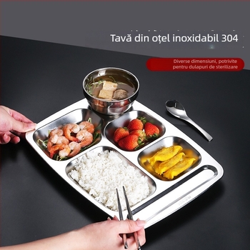 Farfurie pătrată din oțel inoxidabil 304, cu compartimente, pentru adulți, 18–19 cm