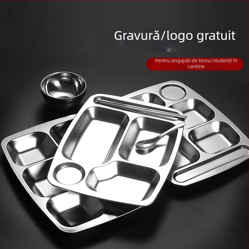 Farfurie pătrată din oțel inoxidabil 304, cu compartimente, pentru adulți, 18–19 cm