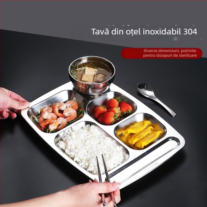 Farfurie pătrată din oțel inoxidabil 304, cu compartimente, pentru adulți, 18–19 cm