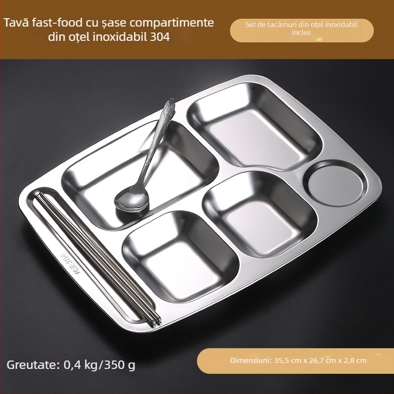 Farfurie pătrată din oțel inoxidabil 304, cu compartimente, pentru adulți, 18–19 cm
