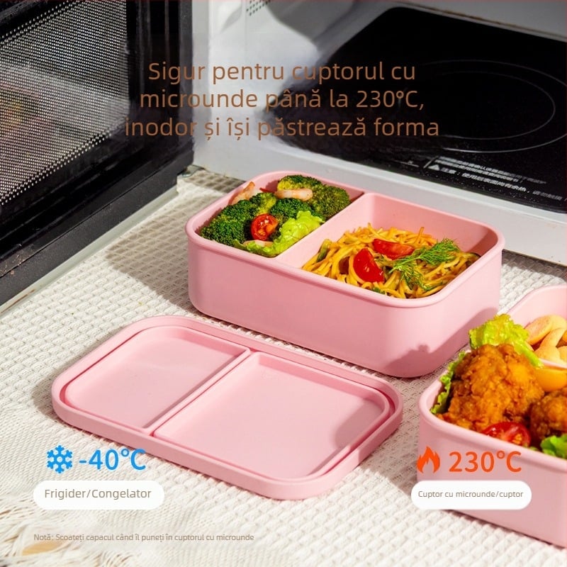 Cutie de prânz din silicon cu două sau trei compartimente, rezistentă la temperaturi înalte, compatibilă cu microunde, etanșă, portabilă