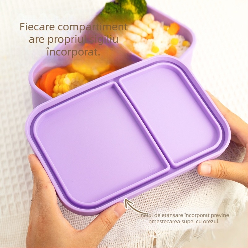 Cutie de prânz din silicon cu două sau trei compartimente, rezistentă la temperaturi înalte, compatibilă cu microunde, etanșă, portabilă