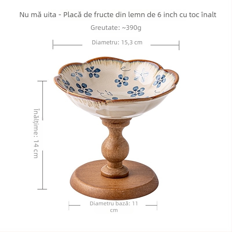 Platou pentru fructe pe suport din lemn înalt, farfurie din porțelan pentru patiserie, tavă pentru gustări, piesă decorativă pentru hol