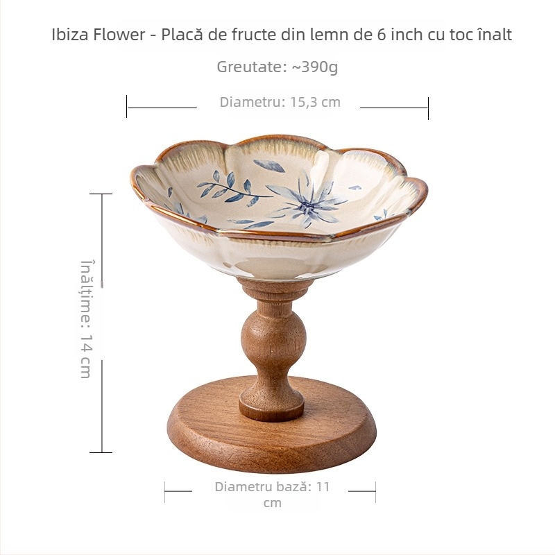 Platou pentru fructe pe suport din lemn înalt, farfurie din porțelan pentru patiserie, tavă pentru gustări, piesă decorativă pentru hol