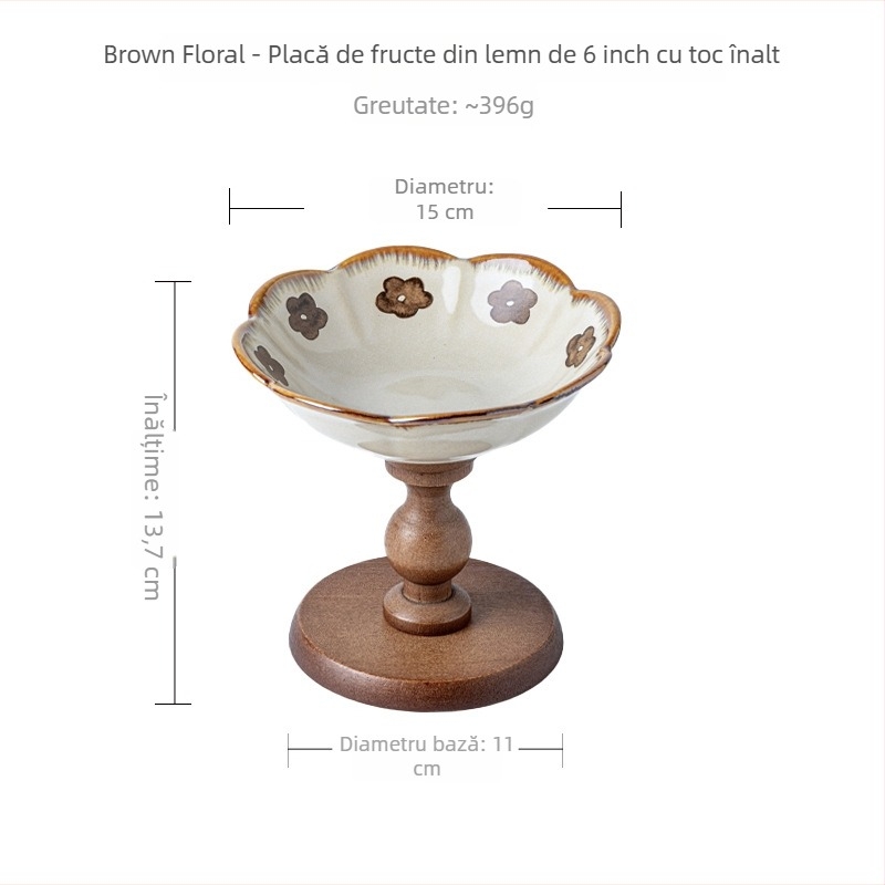 Platou pentru fructe pe suport din lemn înalt, farfurie din porțelan pentru patiserie, tavă pentru gustări, piesă decorativă pentru hol