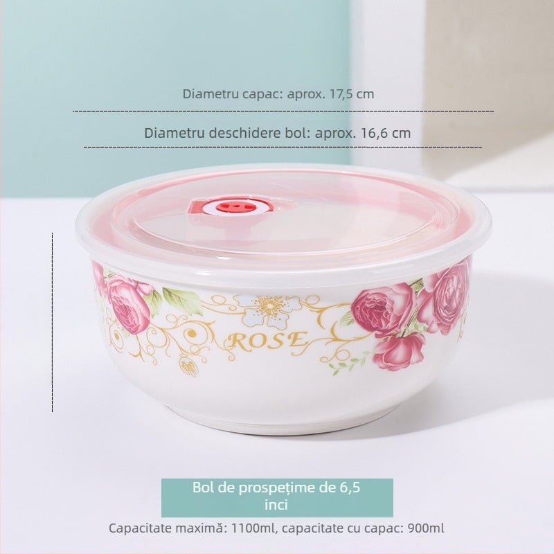 Bol ceramic pentru păstrarea prospețimii, bol pentru tăiței instant, cutie de prânz compatibilă cu microunde, capac, recipient pentru fructe, mare 800–1000 ml