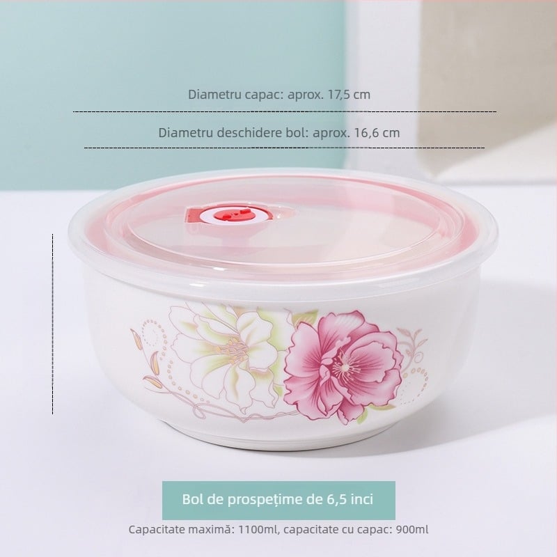 Bol ceramic pentru păstrarea prospețimii, bol pentru tăiței instant, cutie de prânz compatibilă cu microunde, capac, recipient pentru fructe, mare 800–1000 ml