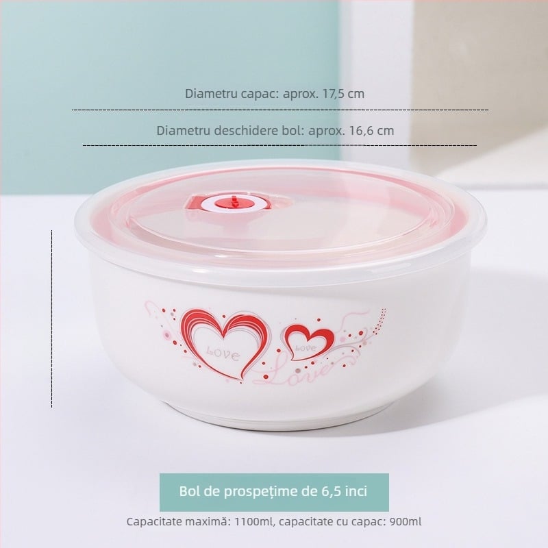 Bol ceramic pentru păstrarea prospețimii, bol pentru tăiței instant, cutie de prânz compatibilă cu microunde, capac, recipient pentru fructe, mare 800–1000 ml