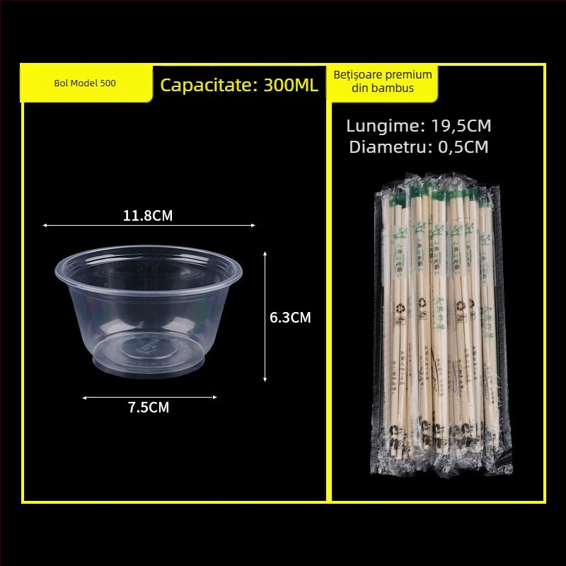 Set de unică folosință cu bol și bețișoare pentru banchet de nuntă; bol din plastic transparent, îngroșat, cu bețișoare