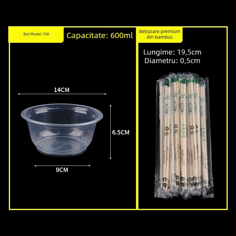 Set de unică folosință cu bol și bețișoare pentru banchet de nuntă; bol din plastic transparent, îngroșat, cu bețișoare