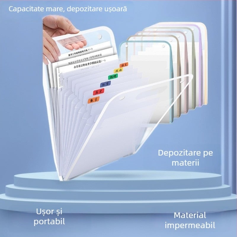 Dosar A4 portabil cu organizator acordeon, cu mai multe compartimente, capacitate mare, pentru documente ale elevilor