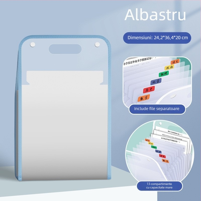 Dosar A4 portabil cu organizator acordeon, cu mai multe compartimente, capacitate mare, pentru documente ale elevilor