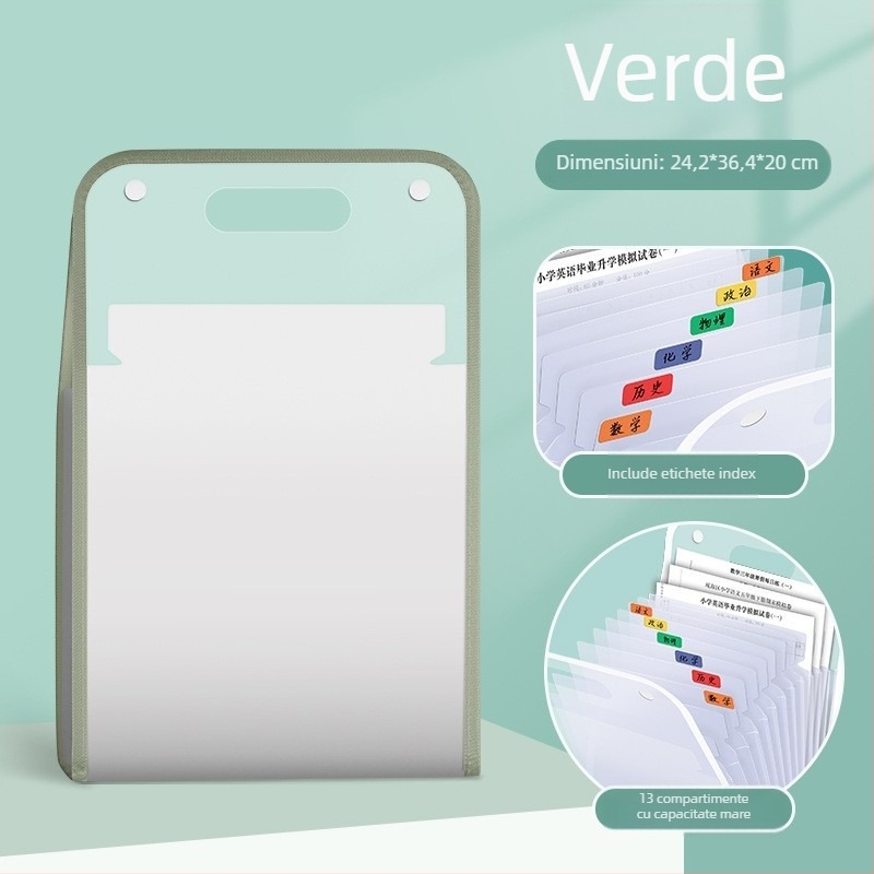 Dosar A4 portabil cu organizator acordeon, cu mai multe compartimente, capacitate mare, pentru documente ale elevilor
