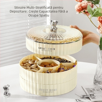 Tavă pentru fructe dublu etaj cu capac, crem, pentru sufragerie, cu compartimente