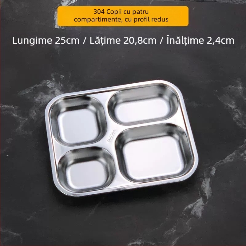 Farfurie cu compartimente din oțel inoxidabil 304 pentru copii, pătrată, farfurie puțin adâncă, set