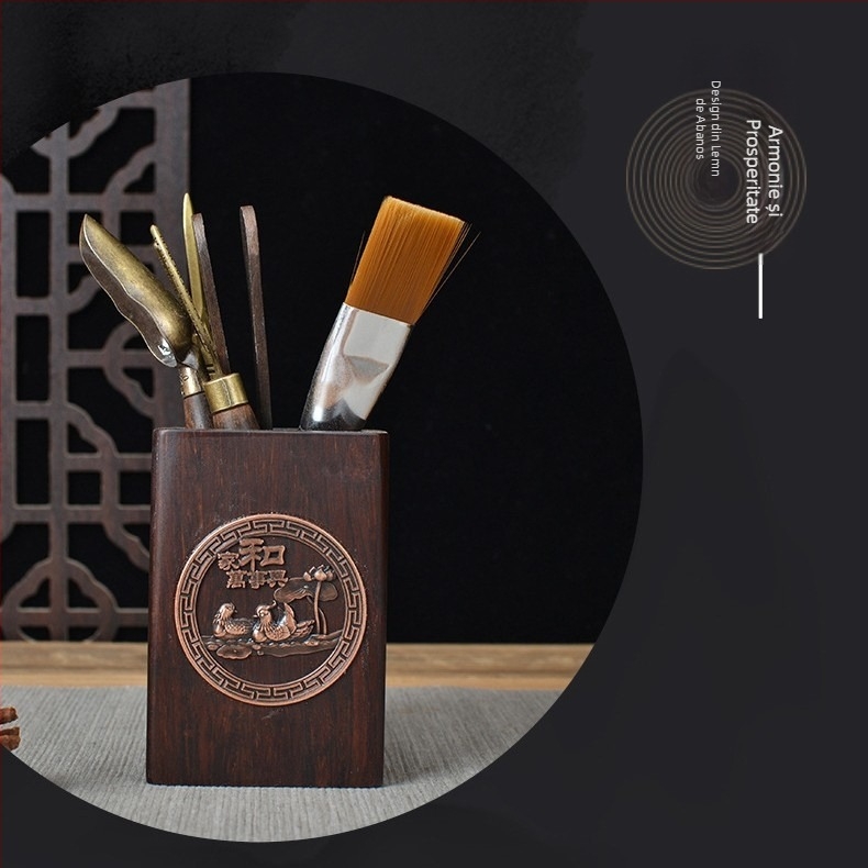 Set ceremonie ceai Six Gentlemen din lemn de abanos și lemn solid Huali, accesorii Kung Fu pentru uz casnic, include perie de ceai, cuțit de ceai și clip pentru ceai, decor de masă.